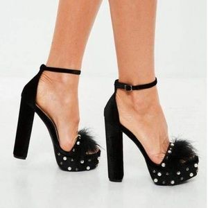 Missguided Black feather Velvet Heels with pearls